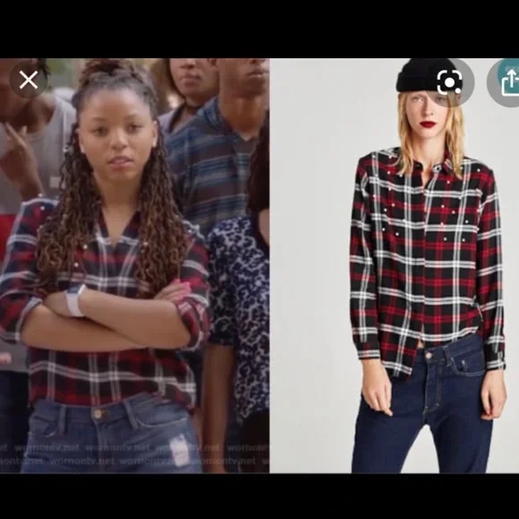 ZARA Basic Collection Black and Red White Faux Pearls Plaid Button Down Shirt ❤️ - Picture 2 of 11